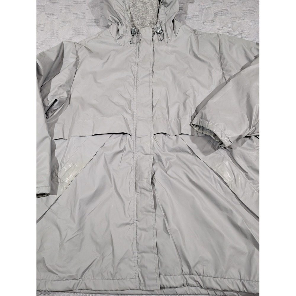 Lands End Vintage Gray Fleece Lined Hooded Raincoat PVC Parka Jacket Large